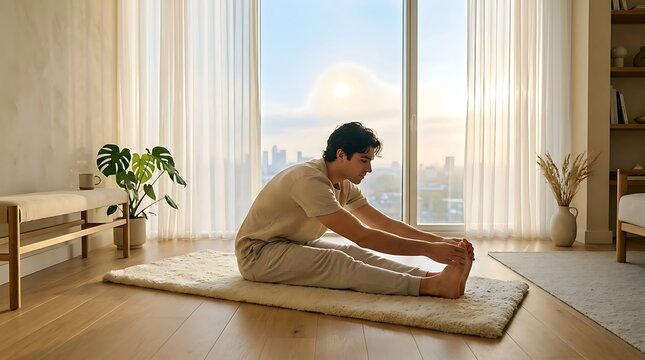 Person doing a calm floor stretch in a bright living room